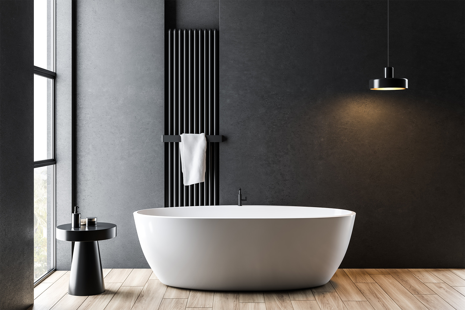 Dark gray bathroom with white tub